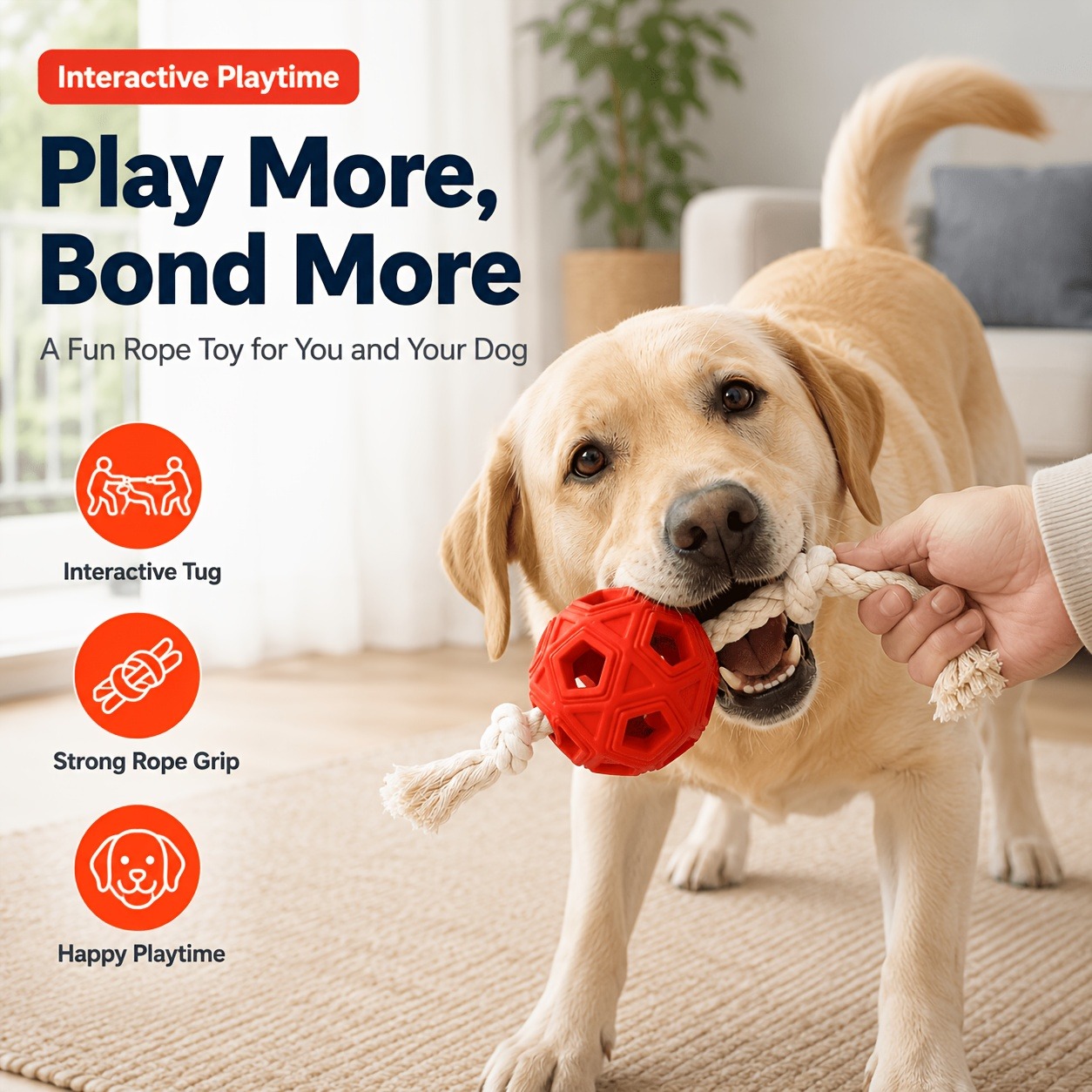 Rubber Treat Dispensing Dog Toy - ของเล่นเคี้ยวสำหรับสุนัขแบบมีปฏิสัมพันธ์พร้อมที่จ่ายขนม ของเล่นดึงสำหรับสุนัขทุกสายพันธุ์ ของเล่นลูกบอลดึงที่ทนทานพร้อมเชือก ของเล่นคลายเบื่อ