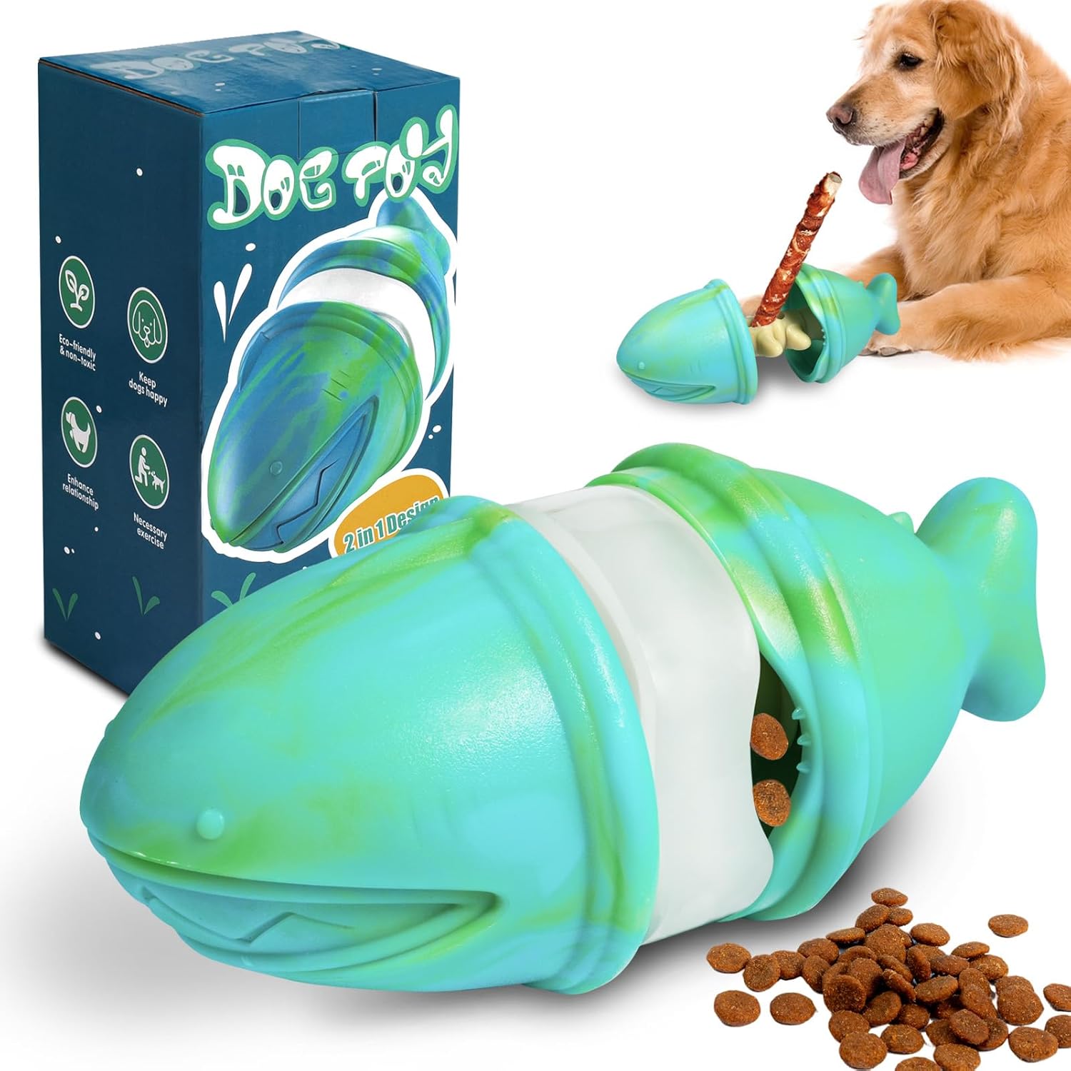 Rubber Treat Dispensing Dog Toy - ของเล่นเคี้ยวแบบ 2-in-1 พร้อมที่ใส่บูลลี่สติ๊ก ทนทาน ช่วยให้สุนัขกินอาหารช้าลง เหมาะสำหรับสุนัขขนาดกลางและขนาดใหญ่