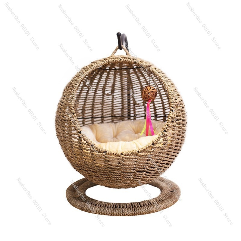 Pet Beds - เปลญวนหวายทรงกลมสำหรับแมว แบบกึ่งปิด ใช้ได้ทุกฤดู ซักล้างได้ ใช้ในบ้าน สำหรับฤดูร้อนและฤดูหนาว