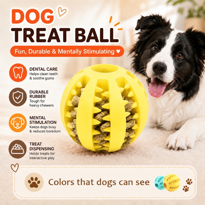 Rubber Treat Dispensing Dog Toy - ลูกบอลของเล่นสำหรับสุนัข 1 ชิ้น ของเล่นฝึกสมอง ช่วยทำความสะอาดฟัน บรรเทาอาการเบื่อ
