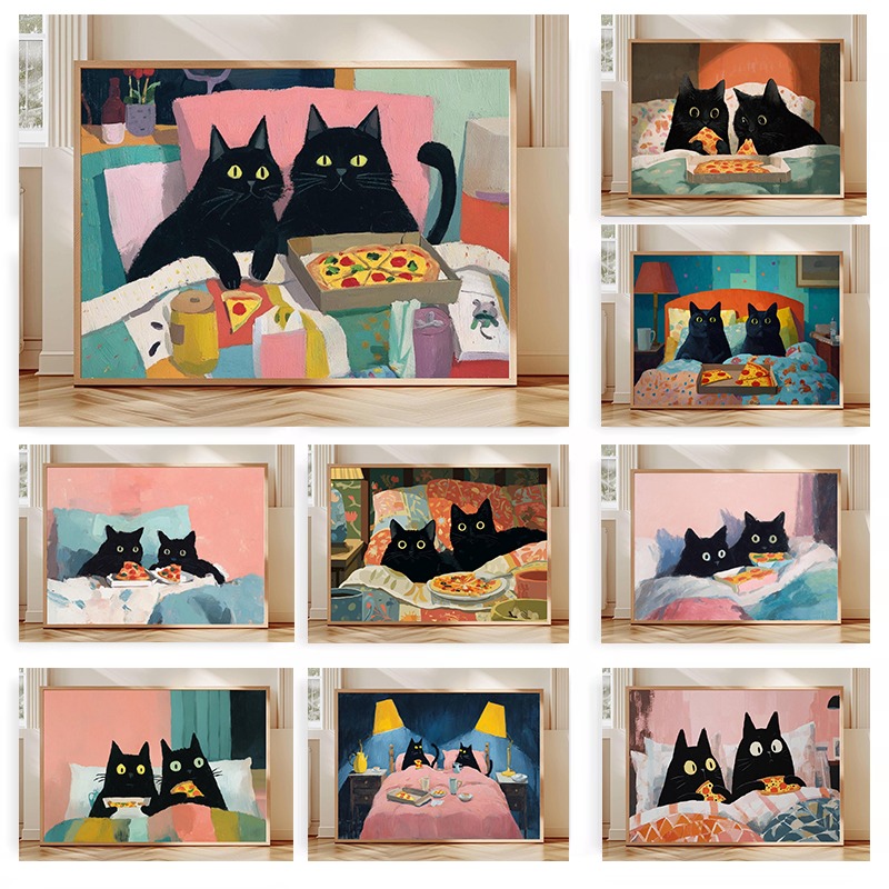Pet Beds - โปสเตอร์แมวดำสองตัวกินพิซซ่าบนเตียง ภาพวาดสัตว์น่ารัก สีพาสเทล ภาพพิมพ์บนผ้าใบ ตกแต่งผนังห้องนั่งเล่น ของตกแต่งบ้าน