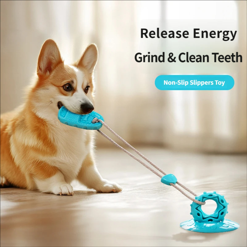 Suction Cup Dog Tug Toy - ของเล่นดึงเชือกสำหรับสุนัขแบบมีถ้วยดูด ของเล่นกัดแทะรูปทรงรองเท้าแตะ ช่วยทำความสะอาดฟัน ของเล่นสำหรับสัตว์เลี้ยงขนาดเล็กถึงขนาดกลาง
