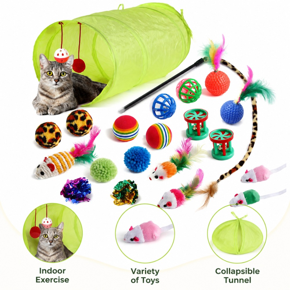 Catnip Interactive Plush Mouse - ชุดของเล่นสำหรับลูกแมว ประกอบด้วยไม้ขนนก ตุ๊กตาหนู ลูกบอลมีเสียง ของเล่นแคทนิป ชุดของเล่นแบบอินเทอร์แอคทีฟสำหรับความบันเทิงในร่ม